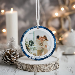 Elegant Blue Snowflake Double Side Christmas Photo Ceramic Ornament
