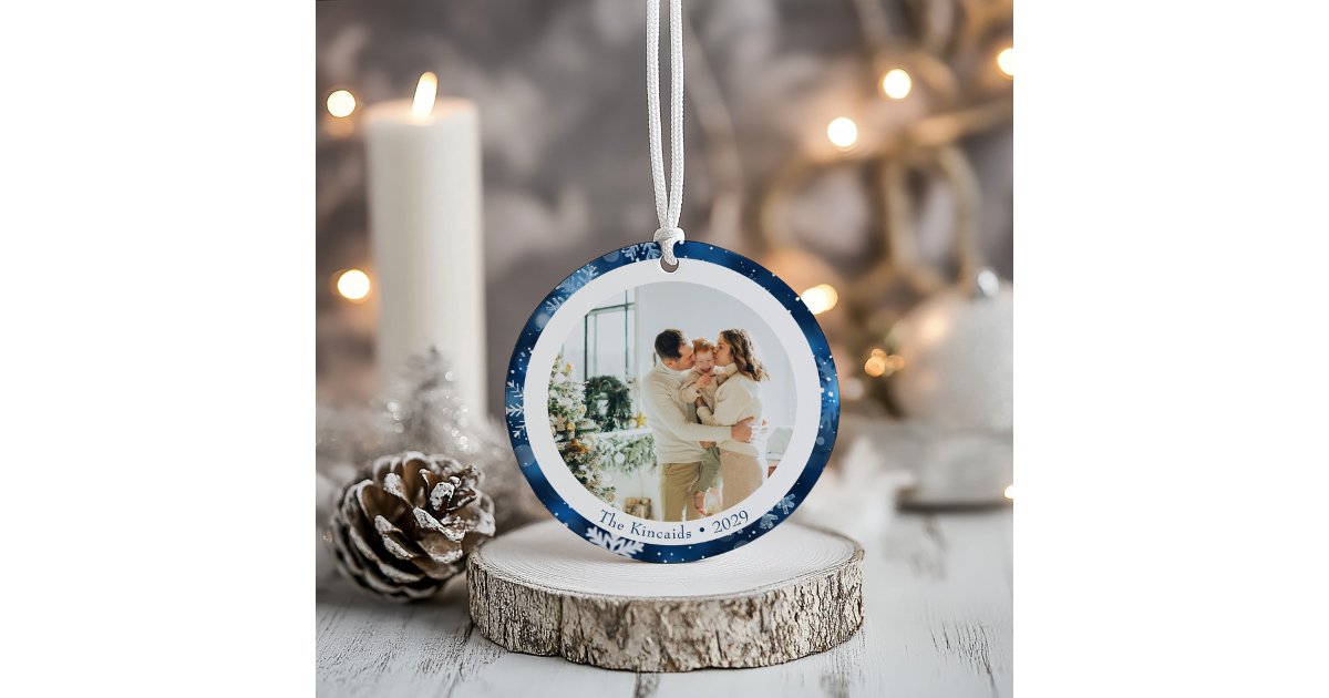 Elegant Blue Snowflake Double Side Christmas Photo Ceramic Ornament ...