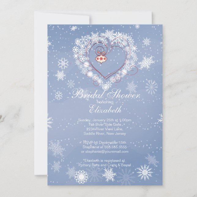 Elegant Blue Snowflake Heart Winter Bridal Shower Invitation (Front)
