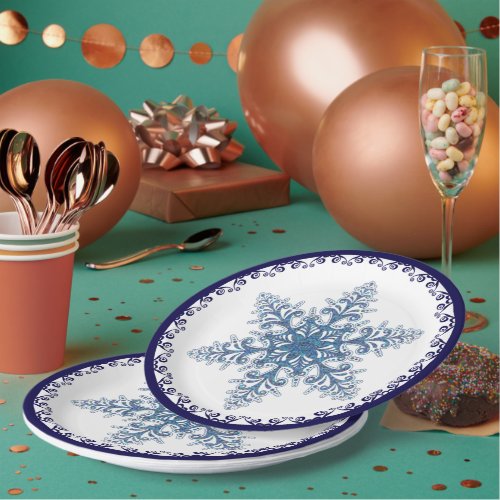 Elegant Blue Snowflake Holiday Paper Plates