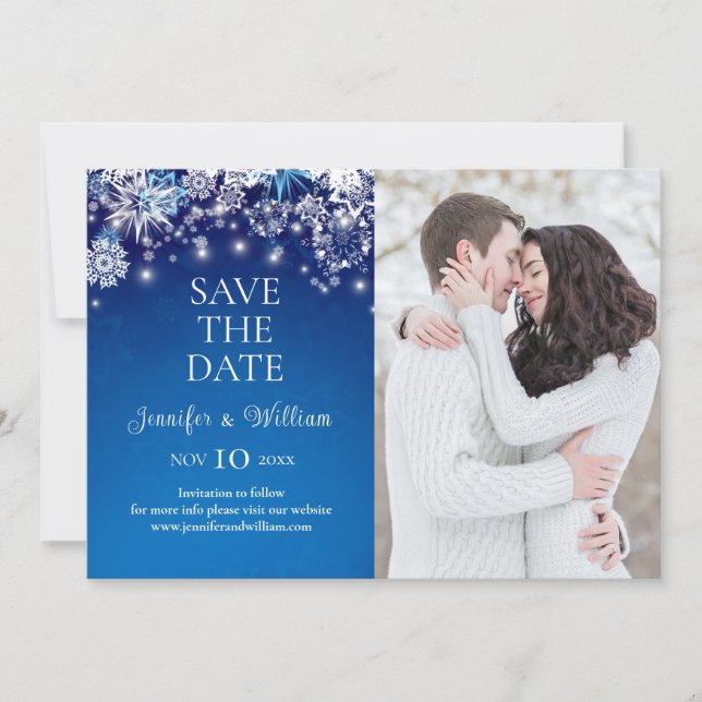 Elegant Blue Snowflake Wedding Save The Date (Front)