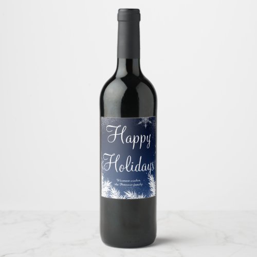 Elegant blue snowflake winter happy holidays wine label