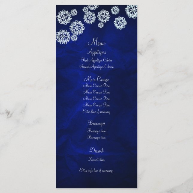 Elegant Blue Snowflake Winter Wedding Menu (Front)