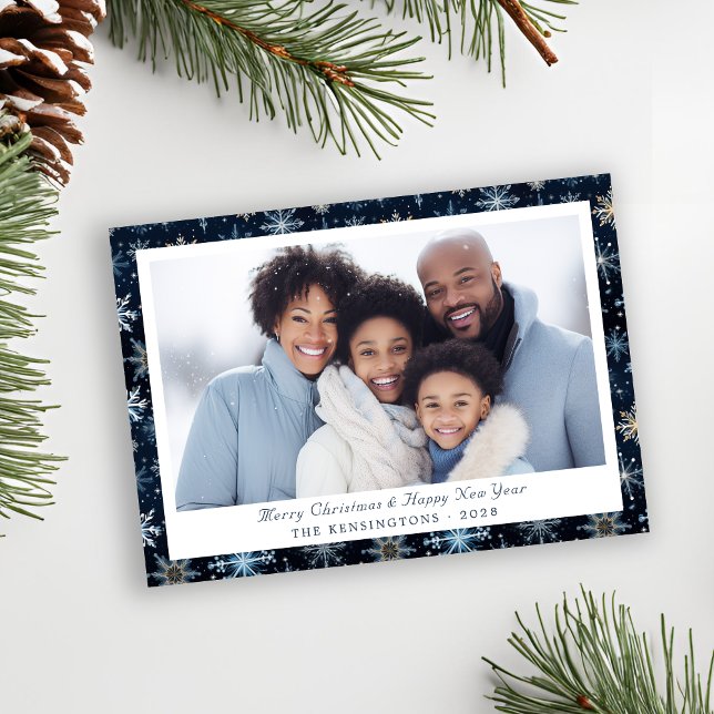 Elegant Blue Snowflakes Holiday Photo Card (Elegant Blue Snowflake Christmas Card)