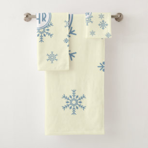 Elegant Blue Snowflakes in White Background Bath Towel Set