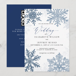 Elegant Blue snowflakes Winter QR Code Wedding Invitation