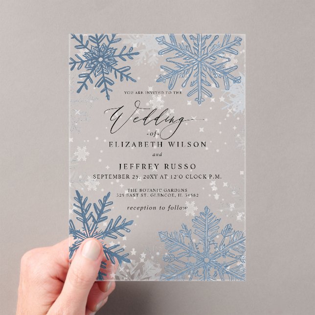 Elegant Blue snowflakes Winter Wedding Acrylic Invitations (Insitu (Handheld))