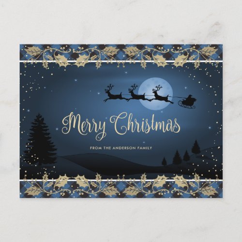 Elegant Blue Snowy Plaid Santa Merry Christmas Holiday Postcard