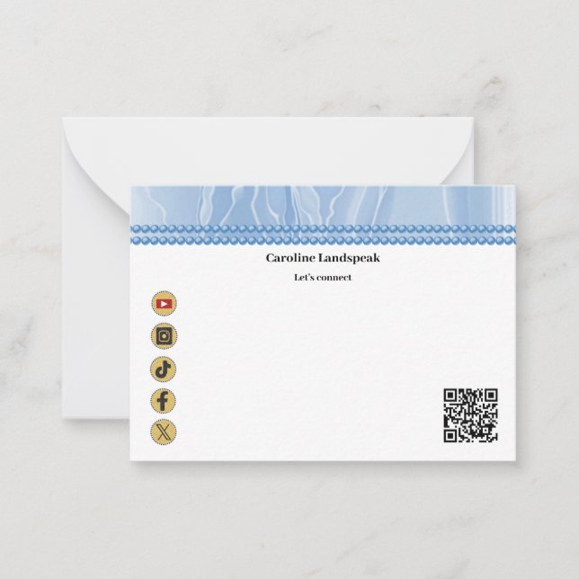 Elegant Blue Social Media & QR Code Note Card (Front)