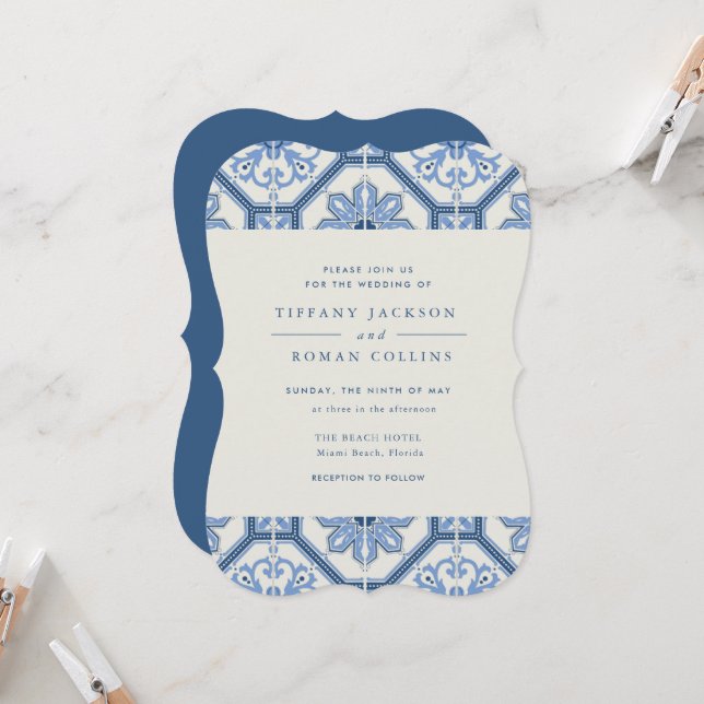 Elegant Blue Spanish Tile Wedding Invitation (Front/Back In Situ)