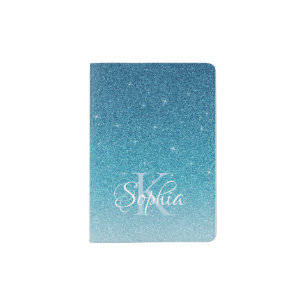 Elegant Blue Sparkle Glitter Monogram Name Passport Holder