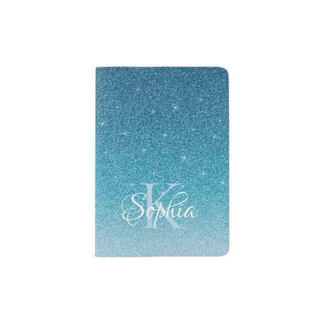 Elegant Blue Sparkle Glitter Monogram Name Passport Holder (Front)