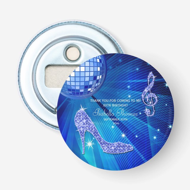 Elegant Blue Sparkly Heels, Music Party Bottle Opener (Front)