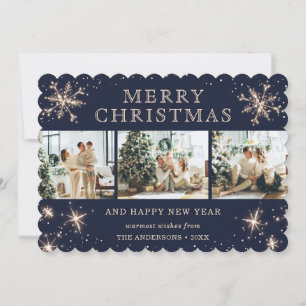 Elegant Blue Sparkly Snowflake 3 Photo Collage Holiday Card