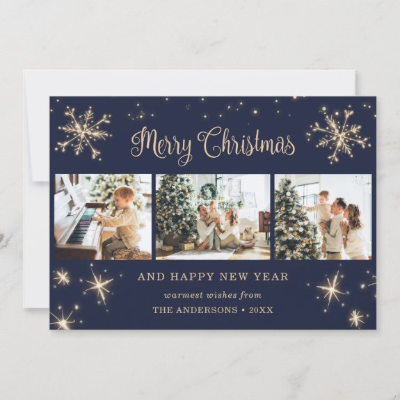 Elegant Blue Sparkly Snowflake Photo Christmas