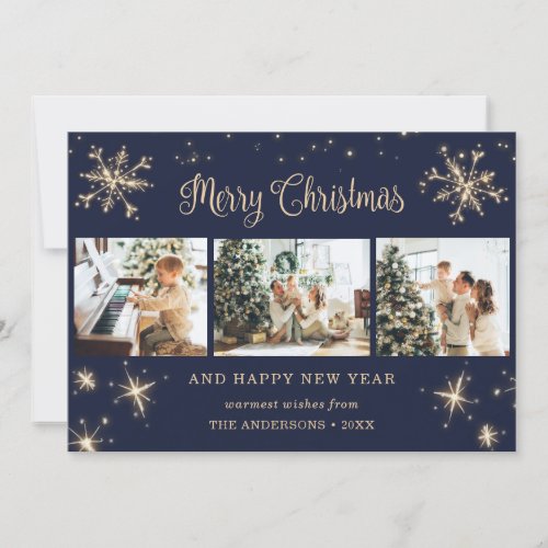 Elegant Blue Sparkly Snowflake Photo Christmas Holiday Card