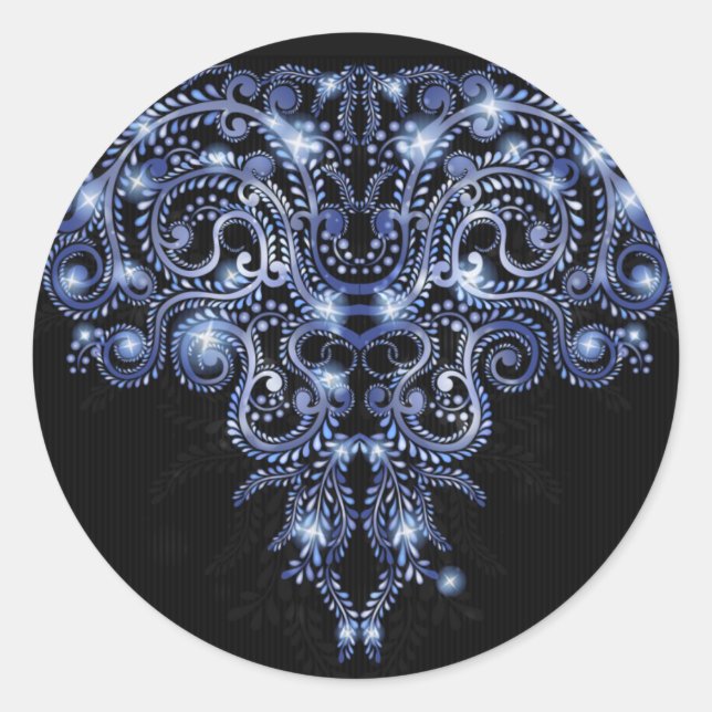 Elegant Blue Sparkly Swirl Round Sticker (Front)