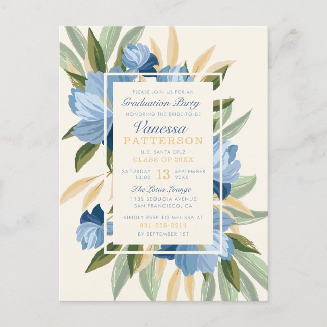 Elegant Blue Spring Daisies Botanical Graduation Invitation Postcard (Front)