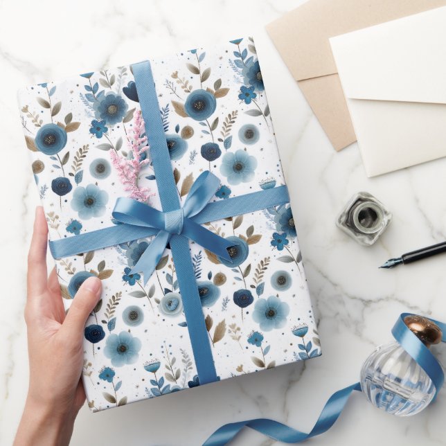 Elegant Blue Spring Flowers Watercolor Floral Wrapping Paper (Gifting)