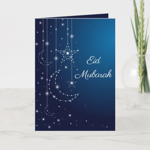 Elegant Blue Star Moon Sparkle Eid Greeting Card