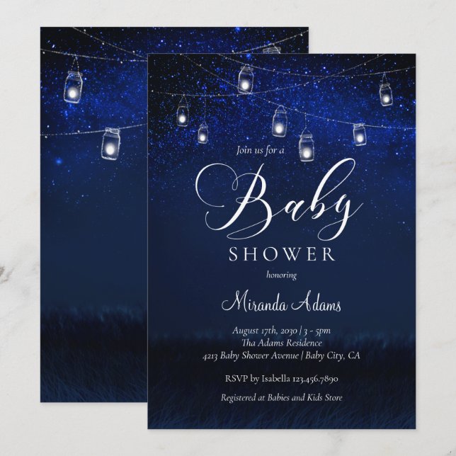 Elegant Blue Starry Night Mason Jar Baby Shower Invitation (Front/Back)