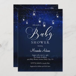 Elegant Blue Starry Night Mason Jar Baby Shower Invitation