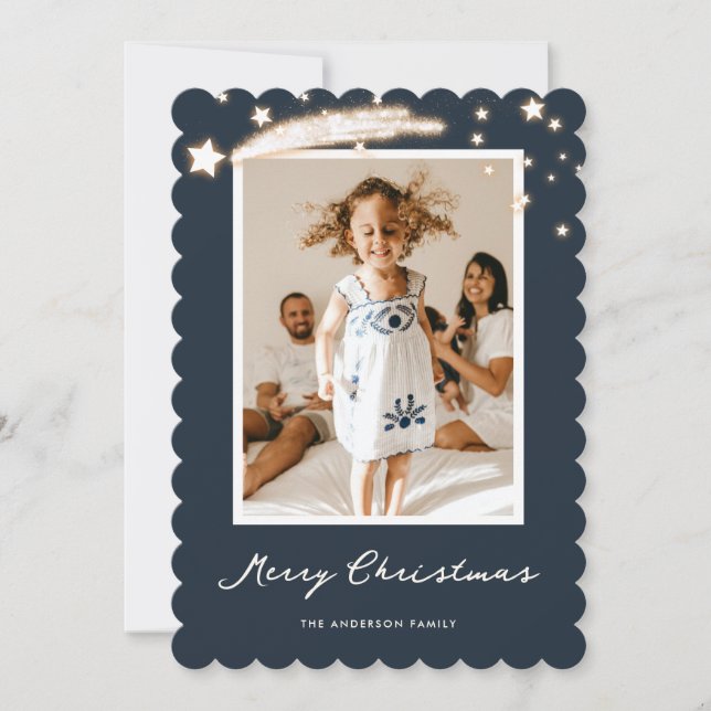 Elegant Blue Starry Photo Merry Christmas Card (Front)