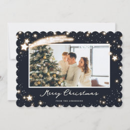 Elegant Blue Stars Snow Photo Merry Christmas Card