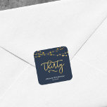 Elegant Blue Strings of Lights 30th Birthday Square Sticker<br><div class="desc">This elegant 30th Birthday square sticker feature strings of lights and the word "Thirty" in faux gold against a dark blue background. Check out other matching items here https://www.zazzle.com/collections/strings_of_lights_faux_gold_celebration_collection-119311942951401241?rf=238364477188679314 Personalize it with your details by replacing the placeholder text. For more options click the "Customize it" button. *Please note that the...</div>