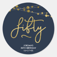 Elegant Blue Strings of Lights 50th Birthday Classic Round Sticker