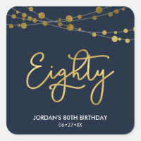 Elegant Blue Strings of Lights 80th Birthday Party Square Sticker