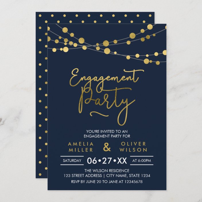 Elegant Blue Strings Of Lights Engagement Party Invitation