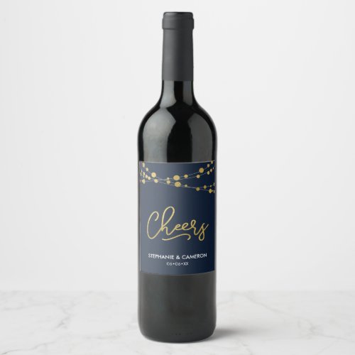 Elegant Blue Strings of Lights Faux Gold Cheers Wine Label