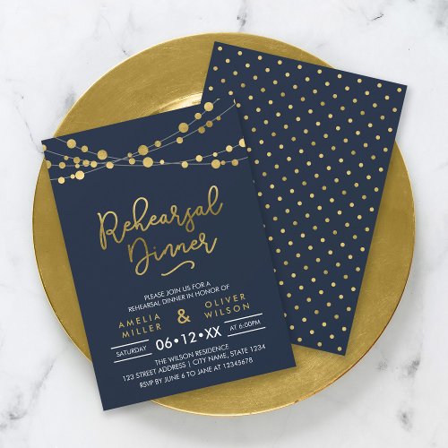 Elegant Blue Strings of Lights Rehearsal Dinner Invitation