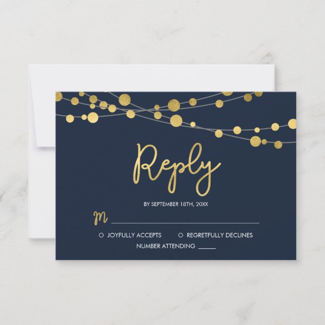 Elegant Blue Strings of Lights RSVP Reply Card (Front)