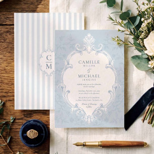 Elegant Blue Stripe Crest Wedding Invite