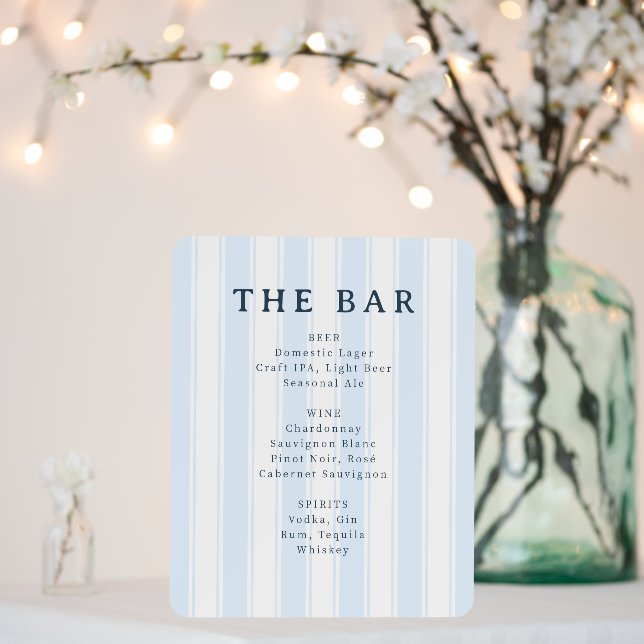 Elegant Blue Striped Bar Menu Foam Board (In Situ (Wedding))