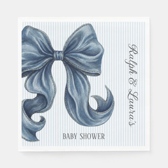 Elegant Blue Striped Bow Baby Shower Napkins (Front)
