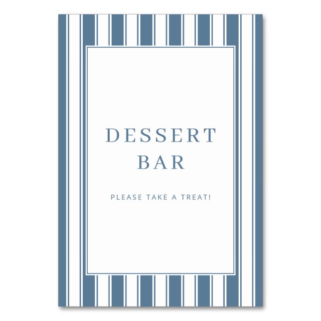 Elegant Blue Striped Dessert Bar Sign Table Number (Front)