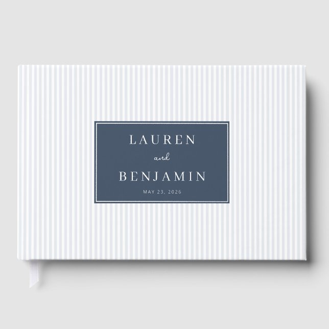 Elegant Blue Striped Label Foil Guest Book (Front)