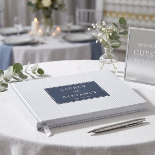 Elegant Blue Striped Label Foil Guest Book