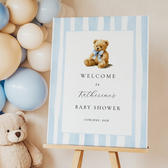 Elegant Blue Stripes Bear Baby Shower Welcome Sign (Creator Uploaded)
