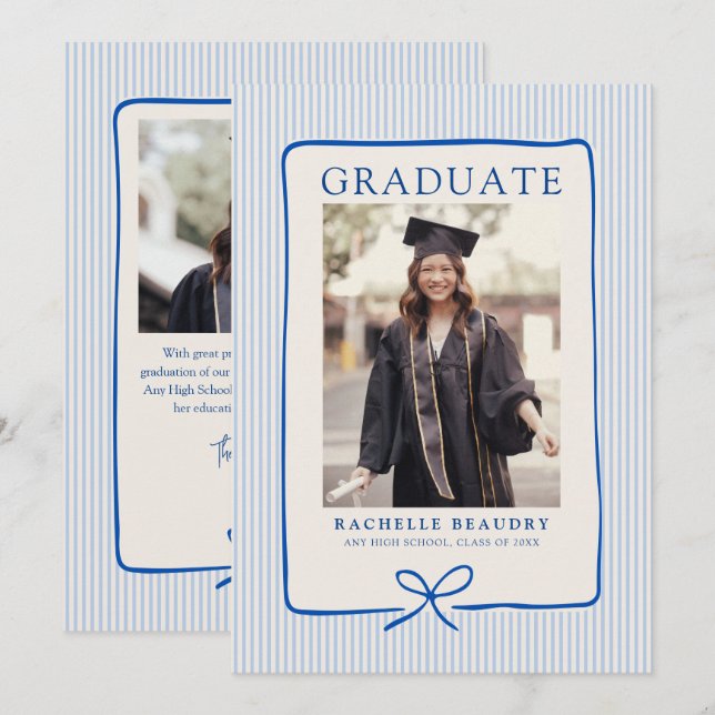 Elegant Blue Stripes Bow Frame Graduation Photo  Announcement (Front/Back)