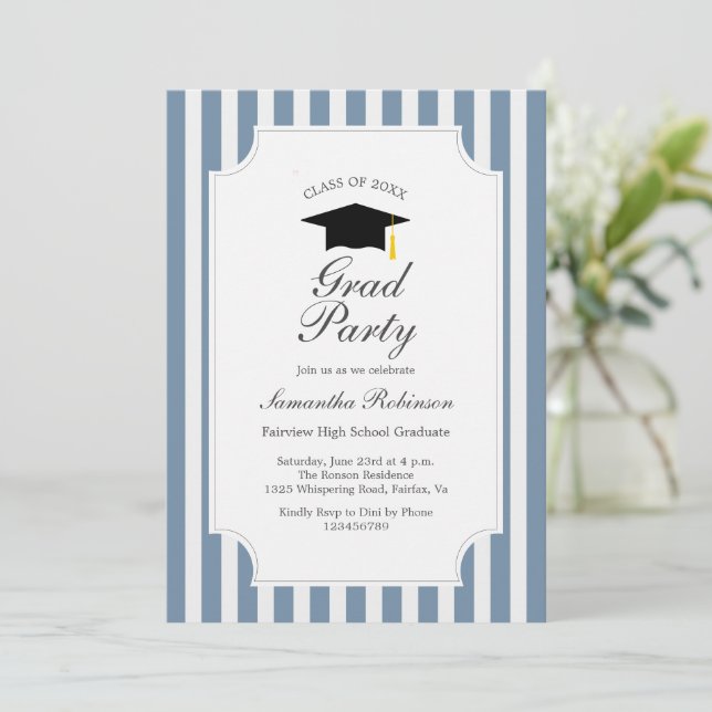 Elegant Blue Stripes Graduation Party Invitation (Standing Front)