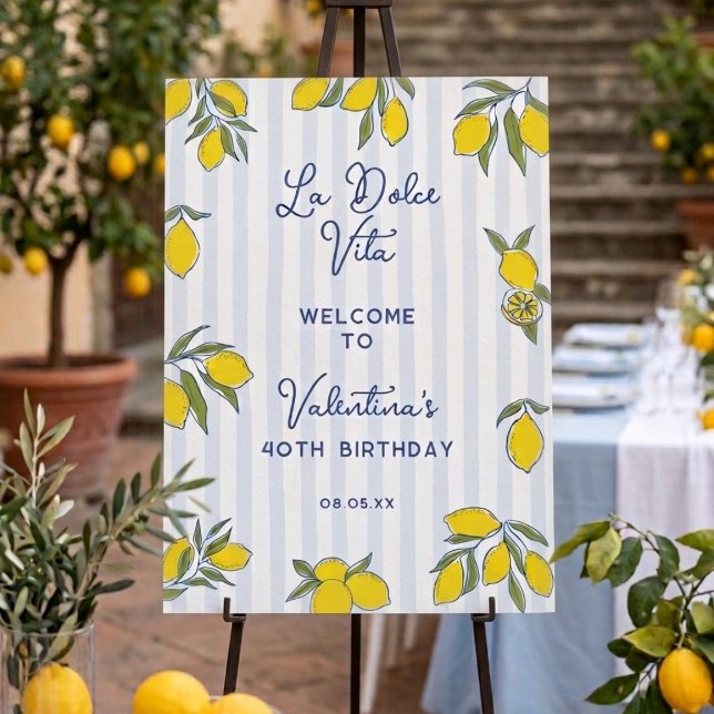 Elegant Blue Stripes & Hand Drawn Lemons Welcome Foam Board (Creator Uploaded)