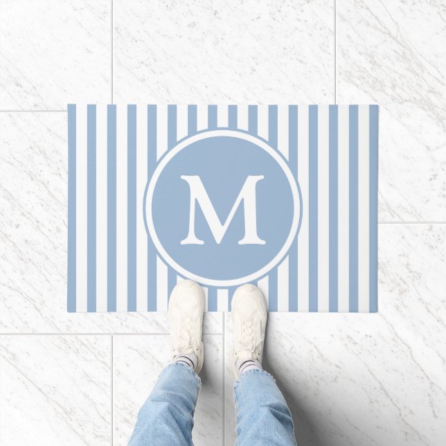 Elegant Blue Stripes Monogram Doormat (Indoor)