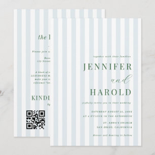 Elegant Blue Stripes Sage Green All in One Wedding Invitation