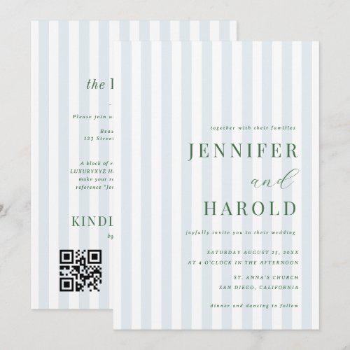 Elegant Blue Stripes Sage Green All in One Wedding Invitation