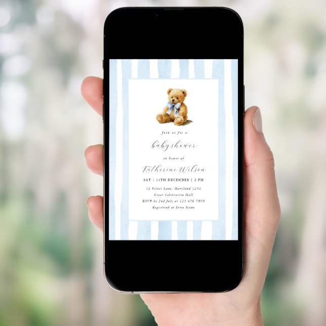 Elegant Blue Stripes Teddy Bear Baby Shower  Invitation (Front Digital)