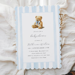 Elegant Blue Stripes Teddy Bear Baby Shower  Invitation